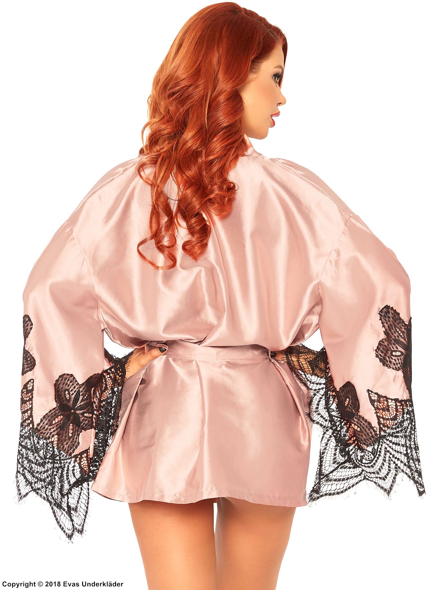Lounge robe, satin, eyelash lace, flared sleeves